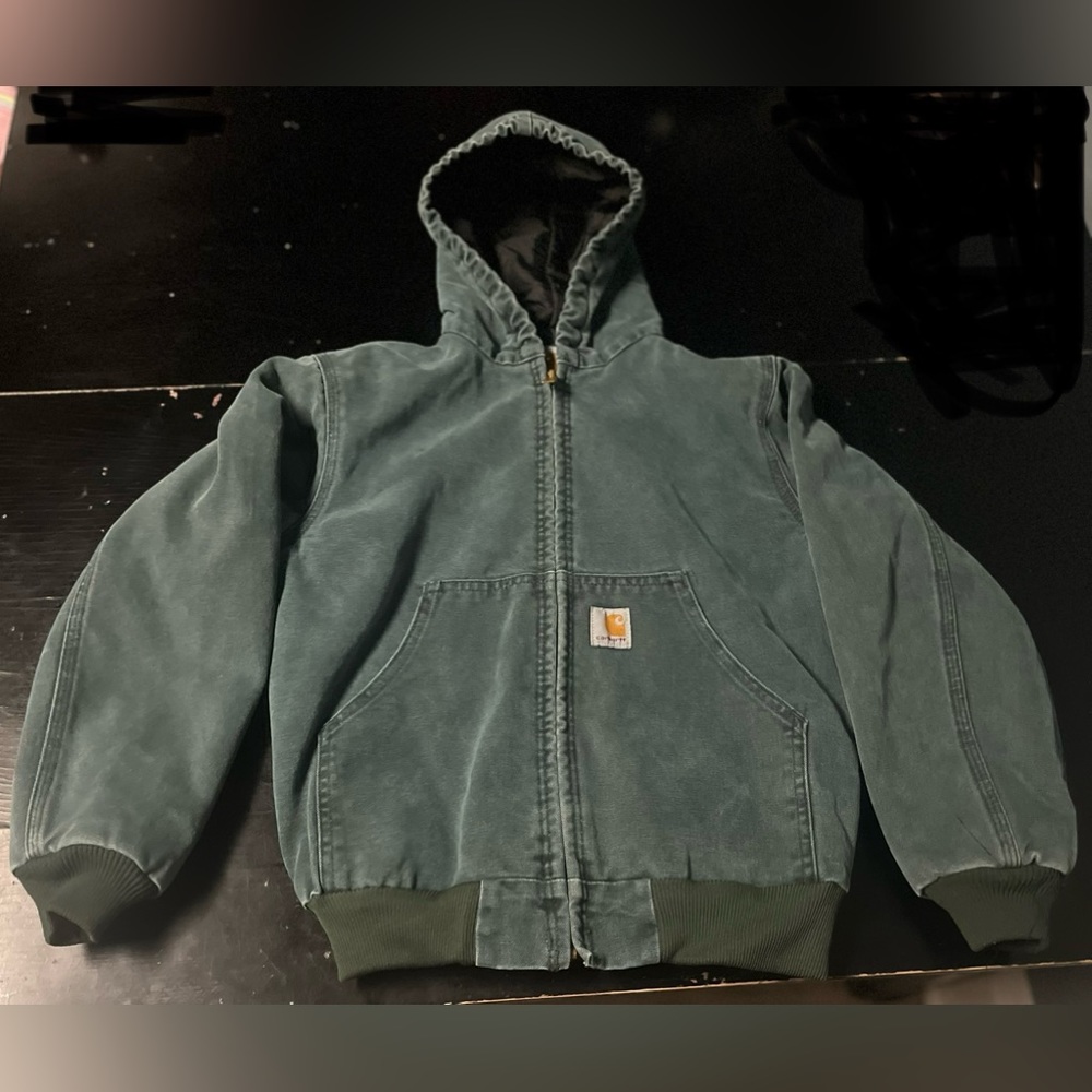Carhartt Canvas Quilted Lined Jacket Y06 MOS Size Med Kids Full Zip Dark Green